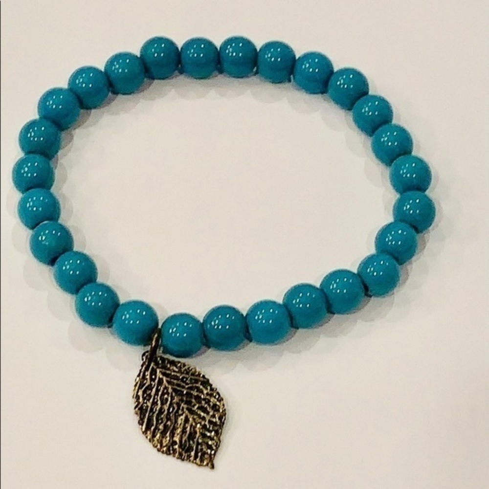 💐5/25 gold leaf turquoise acrylic beads stretch